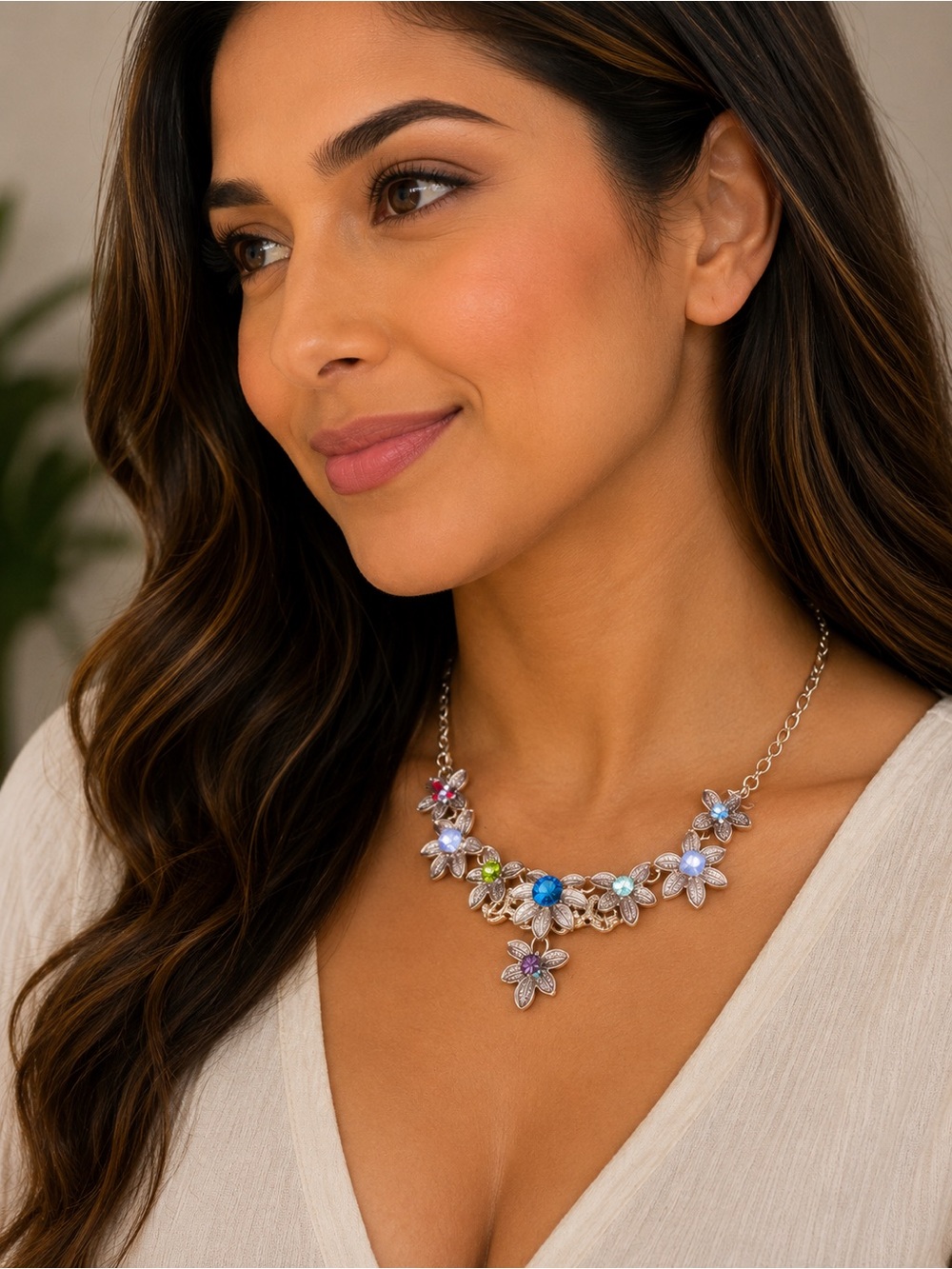 Source Unknown Gold-Tone Floral Multi-Color Crystal Necklace